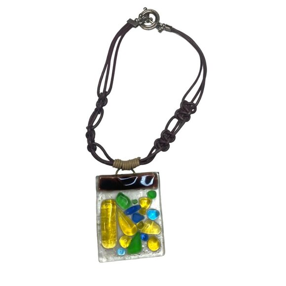 Art Glass Pendant Statement Necklace Mulitcolor 14" Toggle Clasp 2.2"h - Picture 2 of 16